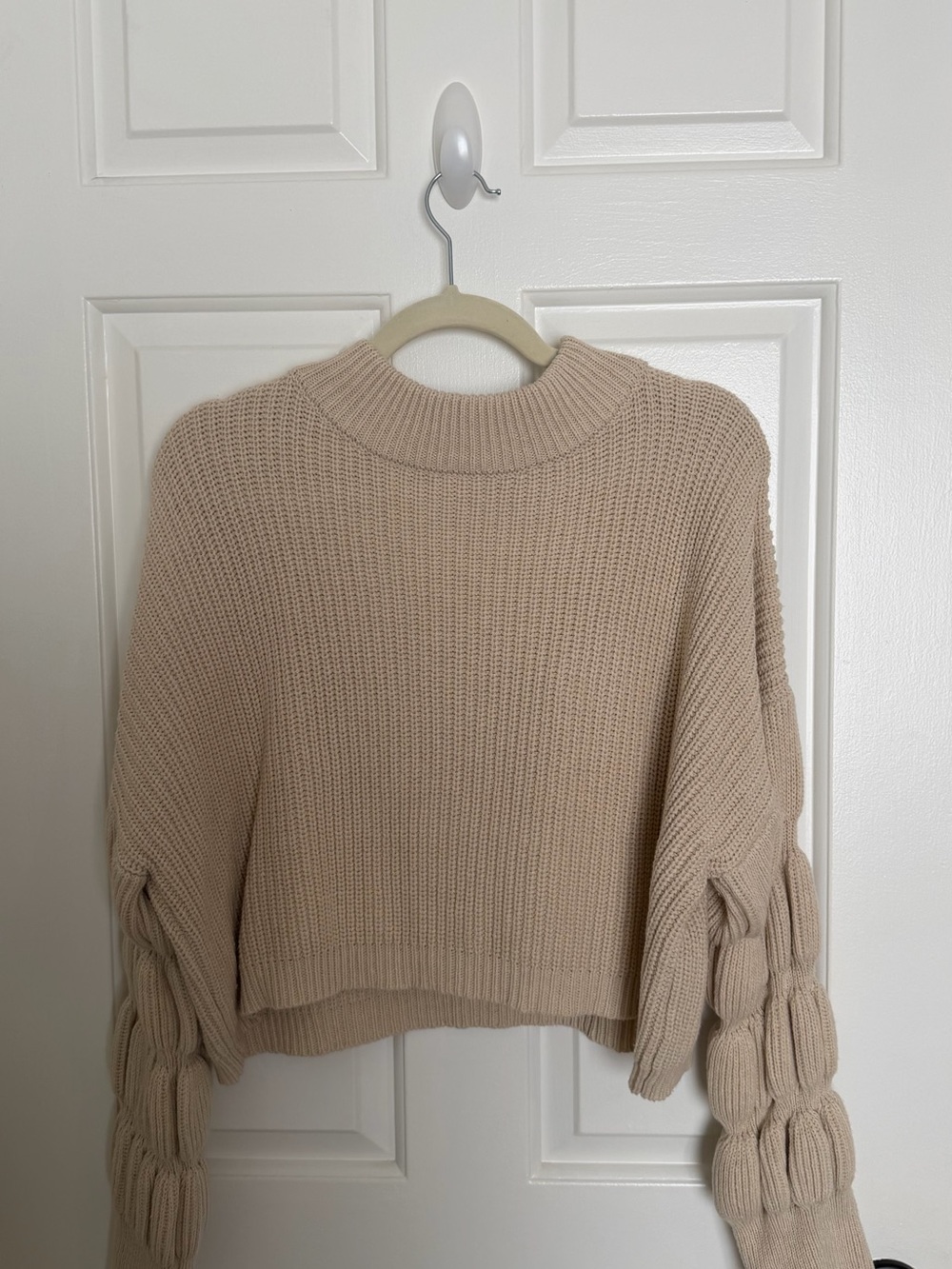 Beige Chunky Knit Balloon Sleeve Sweater